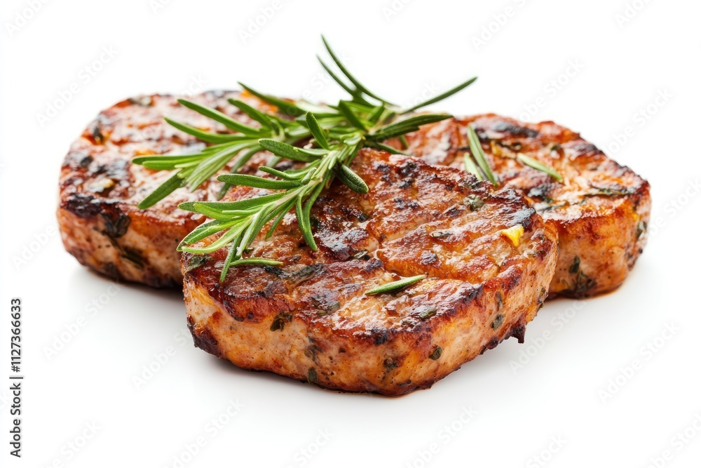 Grilled meat patties garnished with fresh rosemary on a white background. Grilled meat patties garnished with fresh rosemary on a white background.