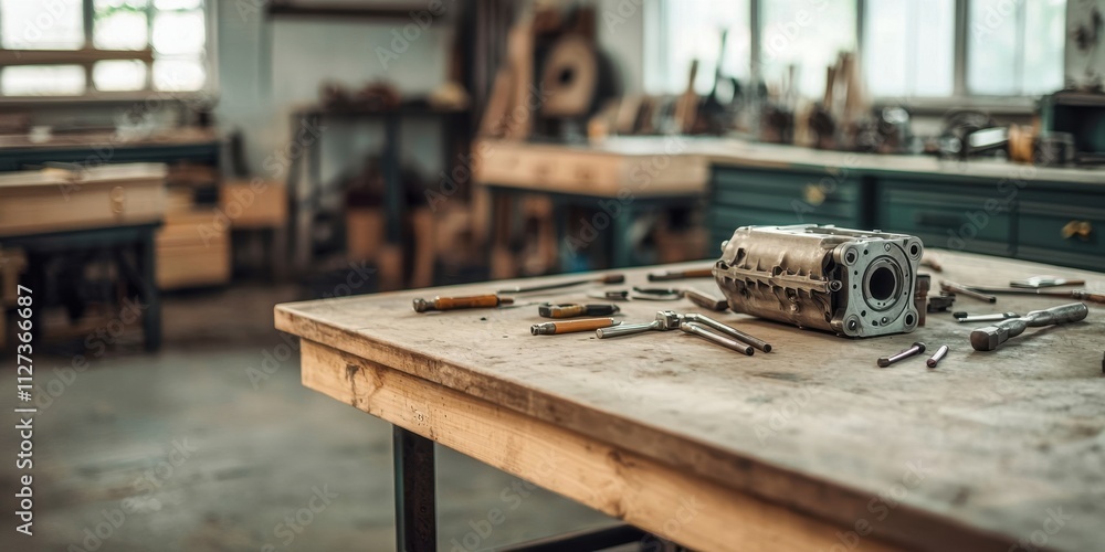 Mechanics repair engine durability concept. A well-worn workbench cluttered with tools and a mechanical part in a workshop setting. Mechanics repair engine durability concept. A well-worn workbench cluttered with tools and a mechanical part in a workshop setting.