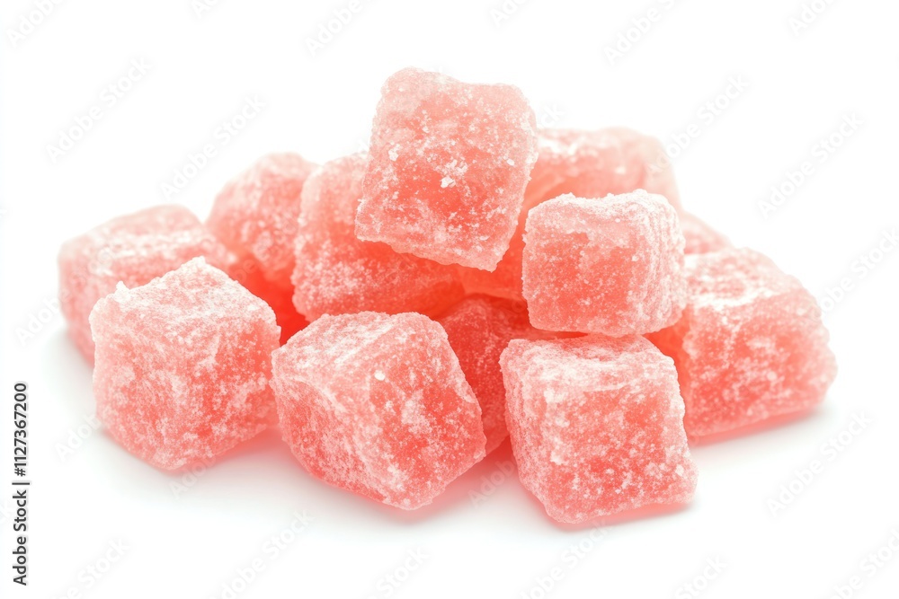 A pile of pink, sugar-coated gummy candies, resembling cube shapes. A pile of pink, sugar-coated gummy candies, resembling cube shapes.