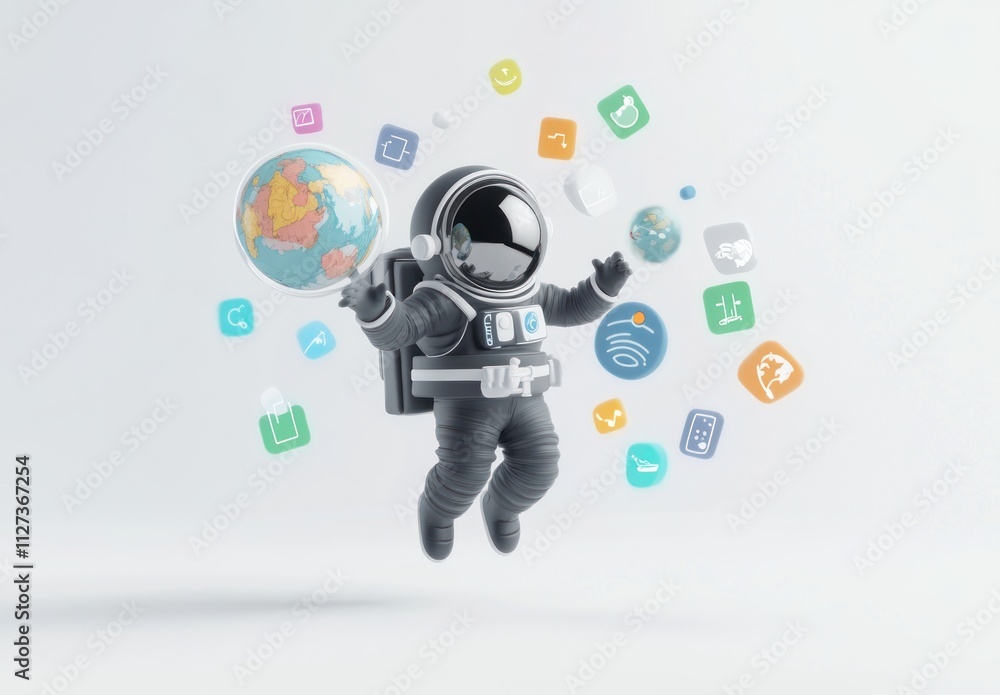 An astronaut surrounded by floating icons representing technology and global connectivity. An astronaut surrounded by floating icons representing technology and global connectivity.