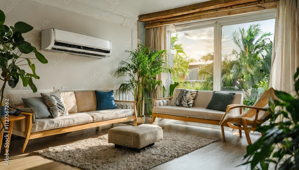 Modern Living Room Interior Featuring Air Conditioner for Optimal Comfort During Hot Summer Days A Cozy Space to Relax and Enjoy the Season Modern Living Room Interior Featuring Air Conditioner for Optimal Comfort During Hot Summer Days A Cozy Space to Relax and Enjoy the Season