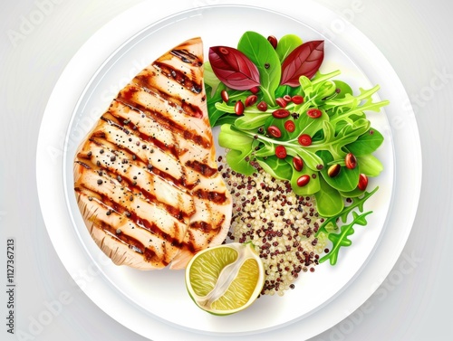 An elegant scene of a high-protein lunch. featuring grilled turkey, quinoa, and mixed greens. promoting muscle building and balanced nutrition. Ideal for fitness guides photo