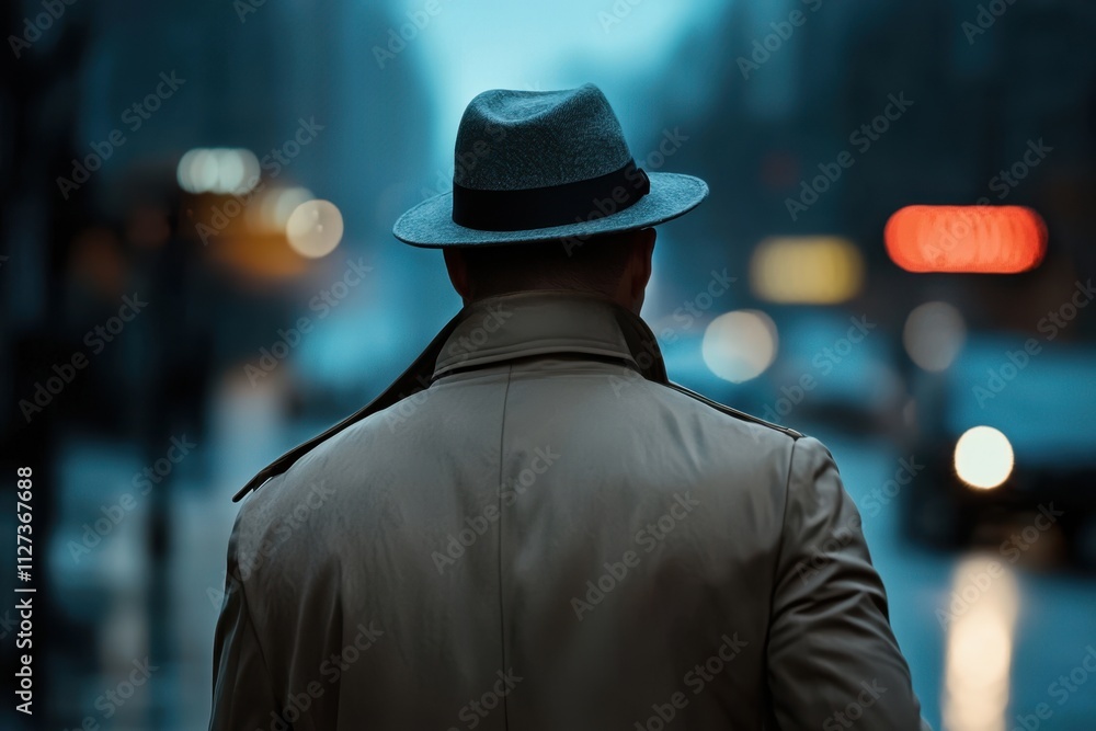 A man wearing a hat and a coat is standing on a wet street A man wearing a hat and a coat is standing on a wet street