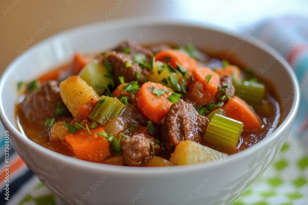 A bowl of stew with meat, carrots, and celery A bowl of stew with meat, carrots, and celery