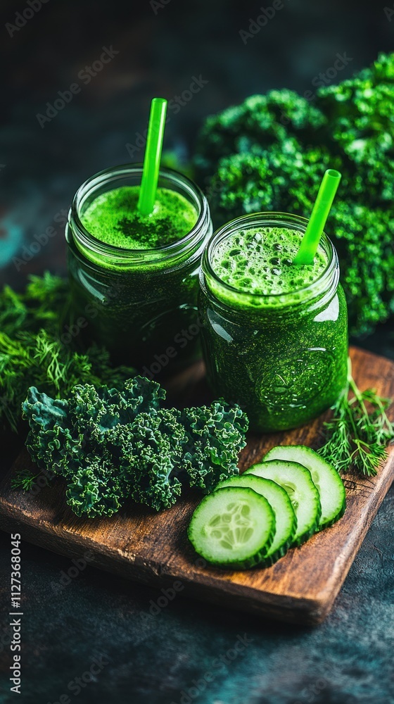 Two jars of green smoothie on a wooden board with fresh kale and cucumber slices. Two jars of green smoothie on a wooden board with fresh kale and cucumber slices.