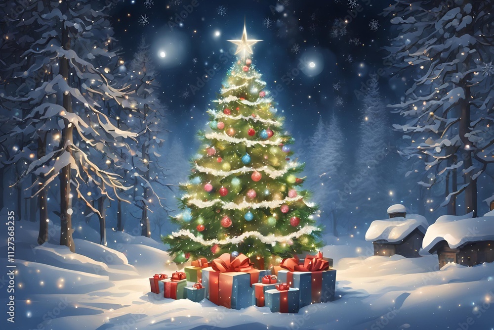 Obraz premium Christmas Tree On Snow At Night With Shiny Star And Gift Boxes In Winter Forest - Winter Abstract