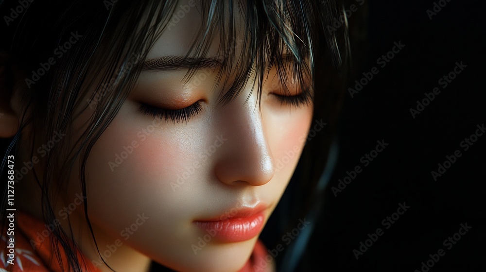 Serene Japanese Woman with Closed Eyes in Dramatic Lighting Serene Japanese Woman with Closed Eyes in Dramatic Lighting