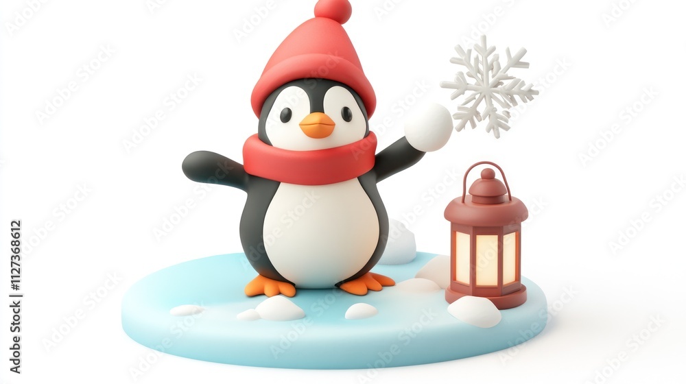 A cute penguin wearing a red hat and scarf, holding a snowflake near a lantern on snow. A cute penguin wearing a red hat and scarf, holding a snowflake near a lantern on snow.