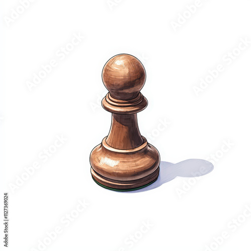 wooden chess pawn stands alone, showcasing its smooth texture and polished finish, casting subtle shadow on white background