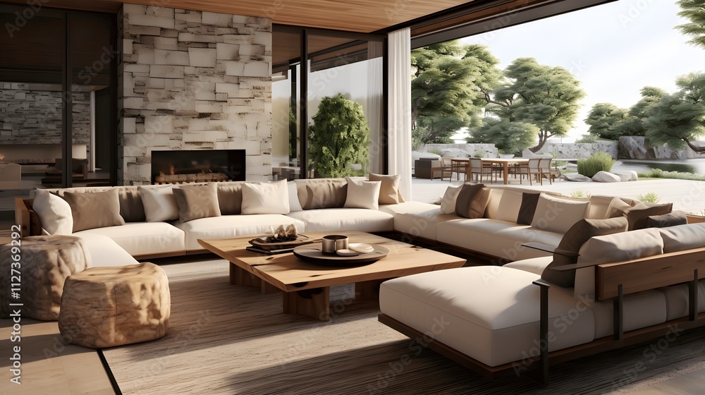 Fototapeta premium The open-air living room interior design perfectly blends the interior and exterior environments. There are large doors that let in fresh air, a modern sofa, and a wooden coffee table.