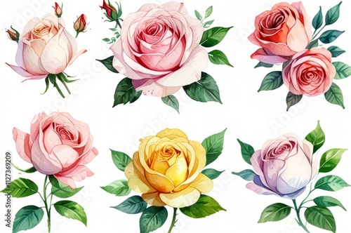Set of four different colors roses on white background, watercolor illustration.