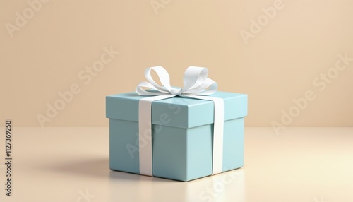 Light blue gift box with white ribbon on beige background