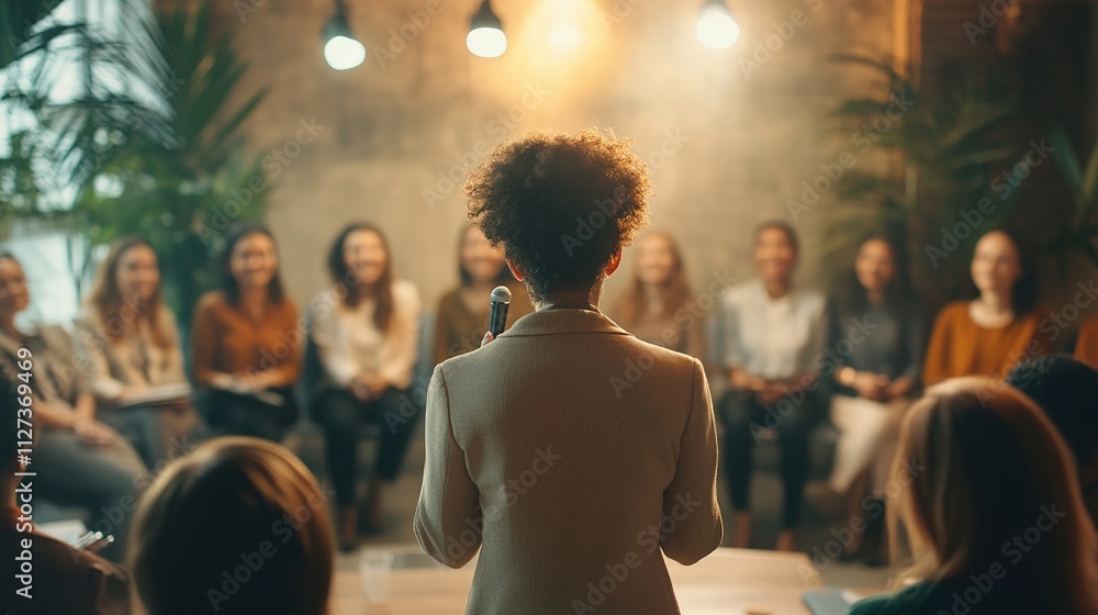 A business leader giving an inspiring speech to their team in a corporate office. A business leader giving an inspiring speech to their team in a corporate office.