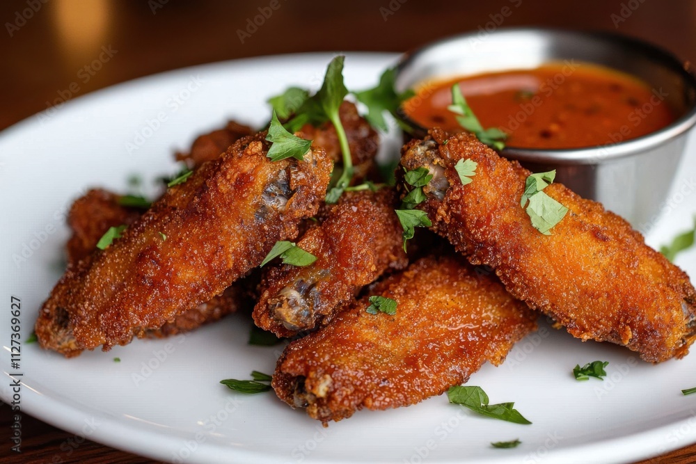 A plate of fried chicken wings with a side of dipping sauce A plate of fried chicken wings with a side of dipping sauce