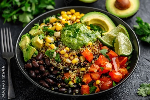 A bowl of food with a fork and knife on the table