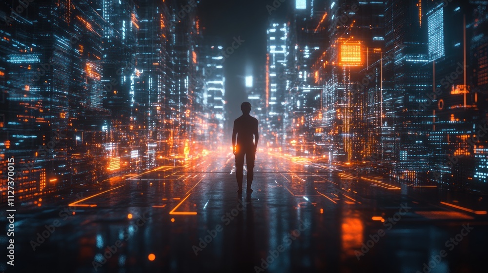Naklejka premium Solitary Figure in a Digital Metropolis: A Cyberpunk Vision