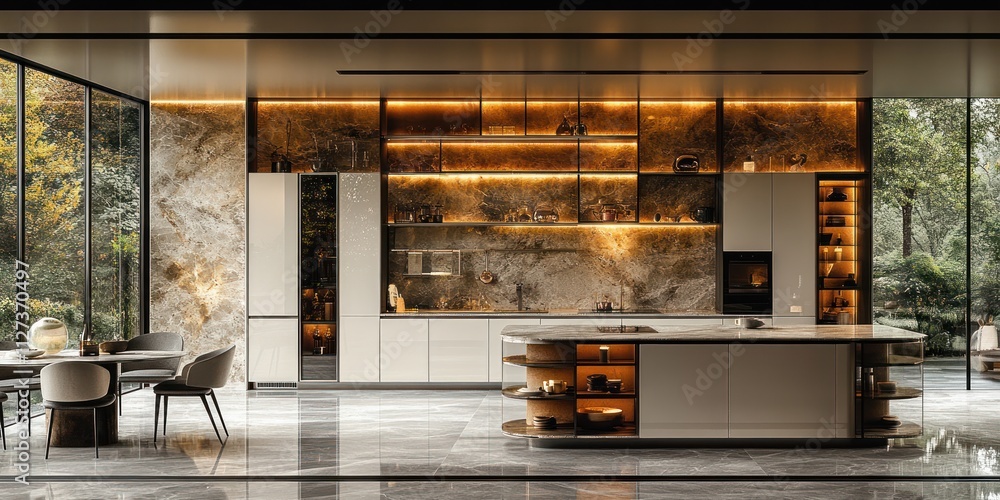 Modern kitchen with island, marble backsplash, and large windows overlooking a garden.