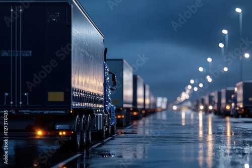 A line of blue semi trucks are parked on a wet road photo