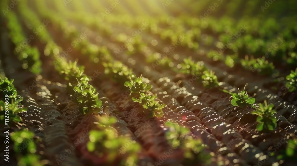 Rows of young green seedlings growing in cultivated rows of soil in an agricultural field during a golden sunset, representing new life and growth in agriculture Rows of young green seedlings growing in cultivated rows of soil in an agricultural field during a golden sunset, representing new life and growth in agriculture