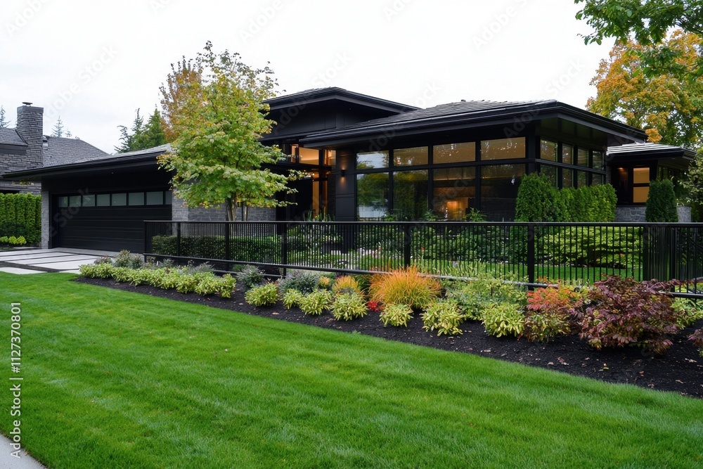 A large house with a black fence and a green lawn A large house with a black fence and a green lawn