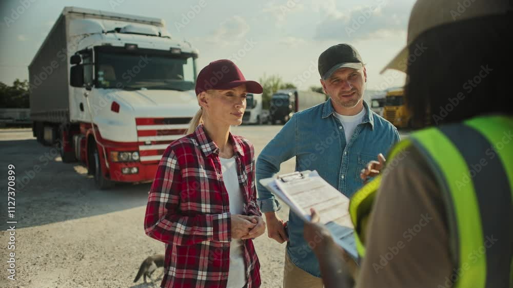 Husband and wife working together as truckers. Man pointing at big truck in background. Submitting vehicle for oil change or engine check at pit stop. Person with notepad listening carefully. Husband and wife working together as truckers. Man pointing at big truck in background. Submitting vehicle for oil change or engine check at pit stop. Person with notepad listening carefully.