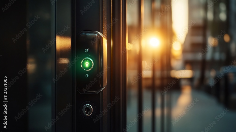 Sleek Black Electronic Lock with Glowing Green Light for Modern City Shop Entrance Sleek Black Electronic Lock with Glowing Green Light for Modern City Shop Entrance
