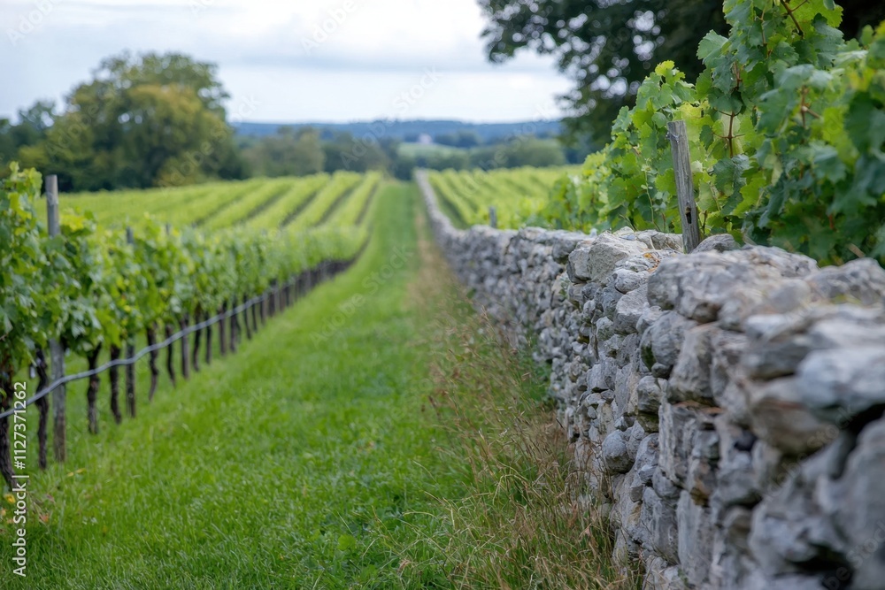 A vineyard with a stone wall separating the rows of vines A vineyard with a stone wall separating the rows of vines