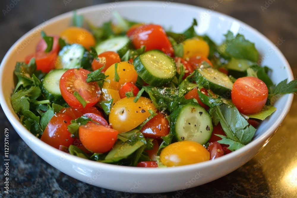 A bowl of salad with tomatoes, cucumbers, and other vegetables