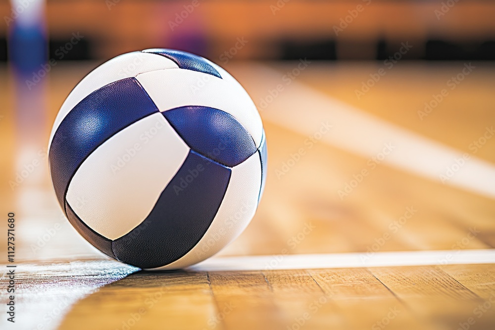 A close-up of a volleyball resting on a wooden gym floor. A close-up of a volleyball resting on a wooden gym floor.