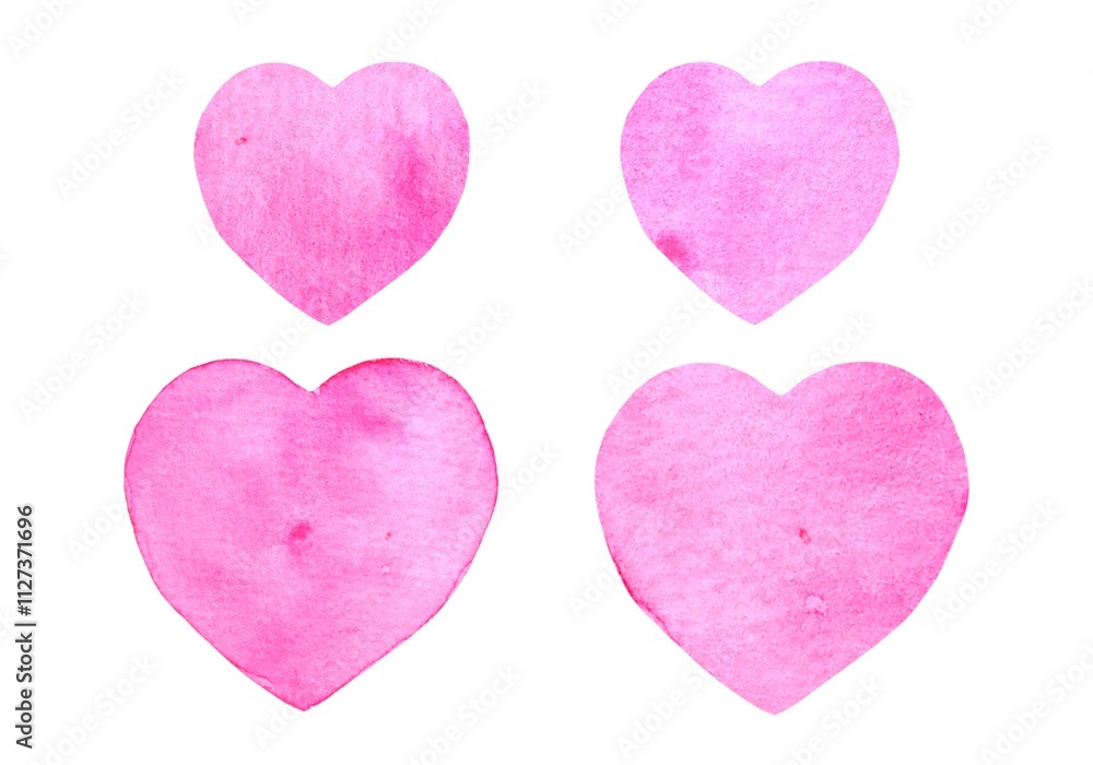 Set of hand drawn watercolor hearts in different shades of pink. Suitable for cards, Valentine's Day designs, weddings and romantic projects. Set of hand drawn watercolor hearts in different shades of pink. Suitable for cards, Valentine's Day designs, weddings and romantic projects.