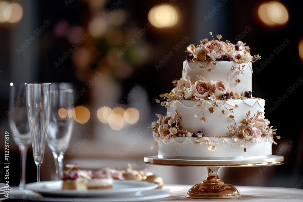 A wedding cake with flowers on it sits on a table next to two wine glasses A wedding cake with flowers on it sits on a table next to two wine glasses