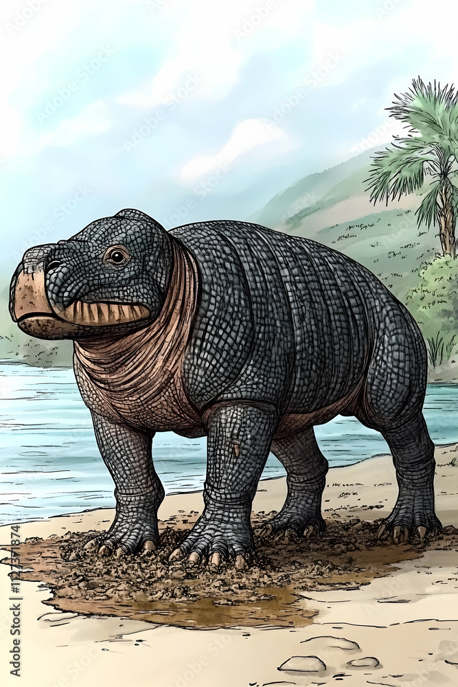Fototapeta premium Prehistoric mammal illustration, aquatic, short legs, dark gray, sandy shore, paleontology.