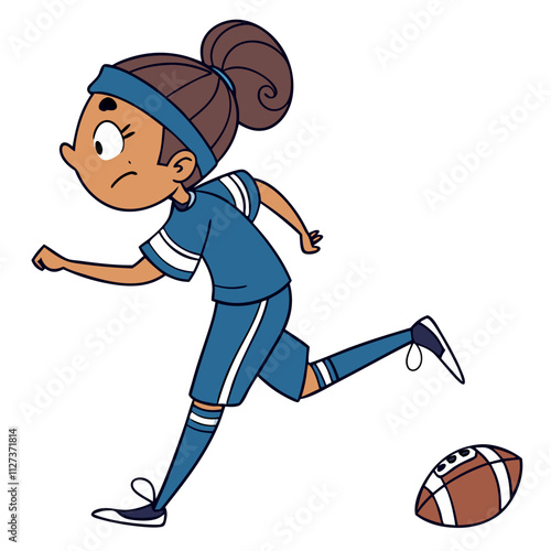 Young girl in blue uniform running with a football on a bright field during a sunny day