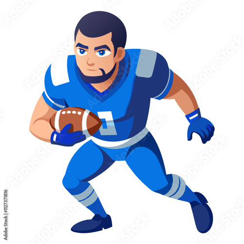 Man in blue uniform runs with football during an intense American football game