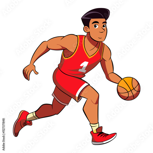 Man dribbling basketball in red uniform on a court during daytime practice session