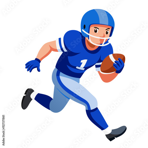 Man in blue uniform runs with football during an outdoor practice session in afternoon sunlight