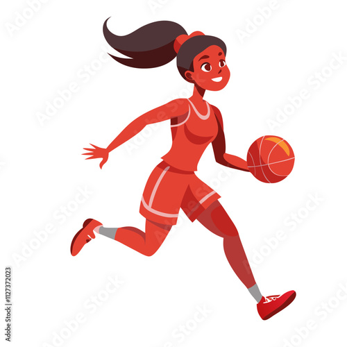 Woman in red uniform dribbles basketball during dynamic play on court