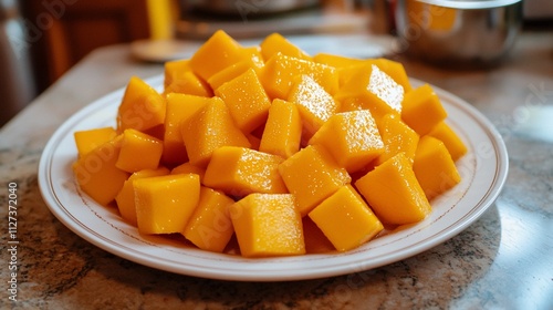 Close-up of diced fresh mangoes on a plate.