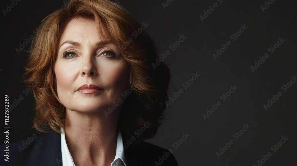 Portrait of a confident and determined businesswoman exuding success against a dark background, her upward gaze representing hope and ambition Portrait of a confident and determined businesswoman exuding success against a dark background, her upward gaze representing hope and ambition