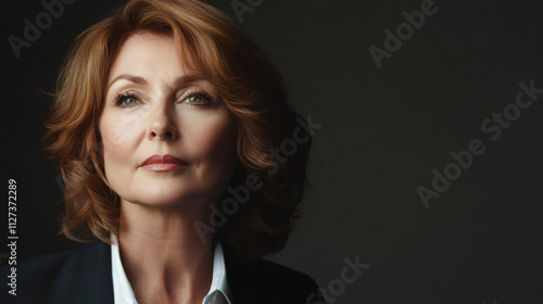 Portrait of a confident and determined businesswoman exuding success against a dark background, her upward gaze representing hope and ambition