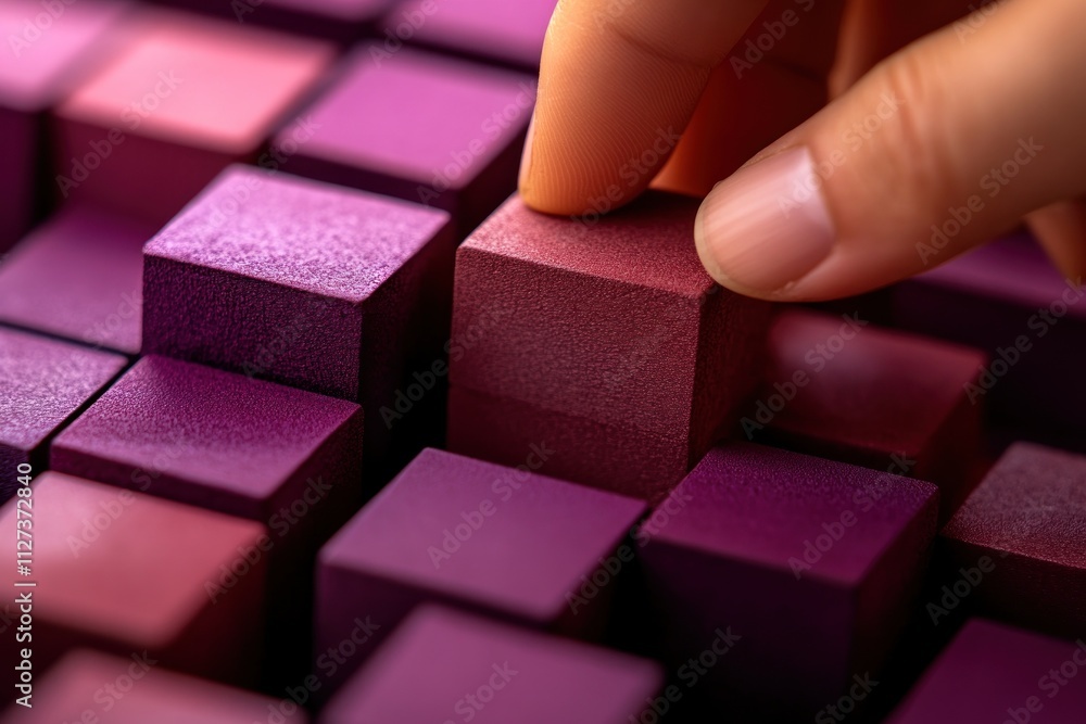 A hand adjusts a purple cube among a collection of similar cubes, emphasizing texture and color. A hand adjusts a purple cube among a collection of similar cubes, emphasizing texture and color.