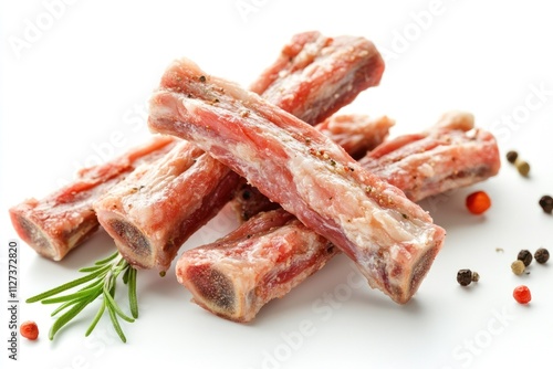 A close-up of raw meat ribs with herbs and spices, ready for cooking.