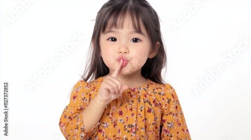 Young kid girl making finger on lips mouth silent quiet gesture, Happy Asian kindergarten child marking silence for stop quiet, mute studio shot isolated on white background with copy space photo