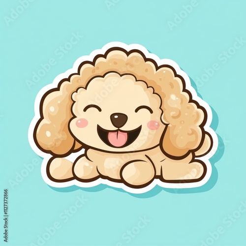 A cute cartoon dog with curly fur, smiling and lying down on a light blue background.