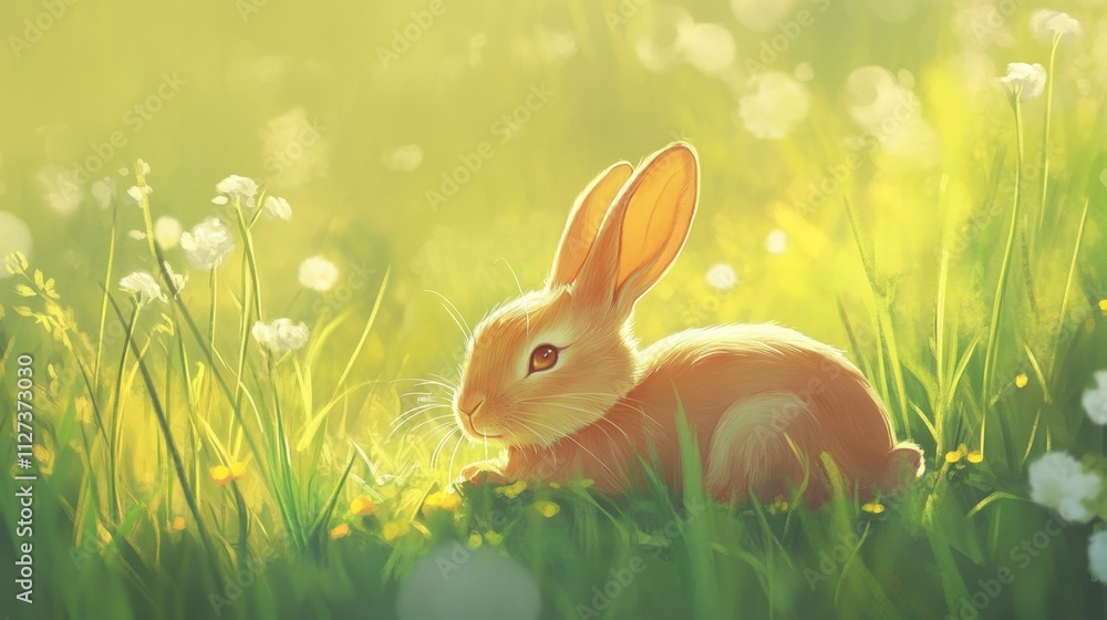 Fototapeta premium Soft-Focused Illustration of a Rabbit in a Sunlit Meadow