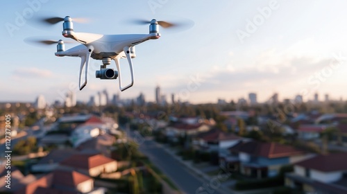 Wallpaper Mural A white drone is flying over a city with houses and buildings Torontodigital.ca
