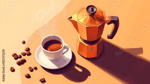 Aromatic Coffee Cup and Moka Pot on Table