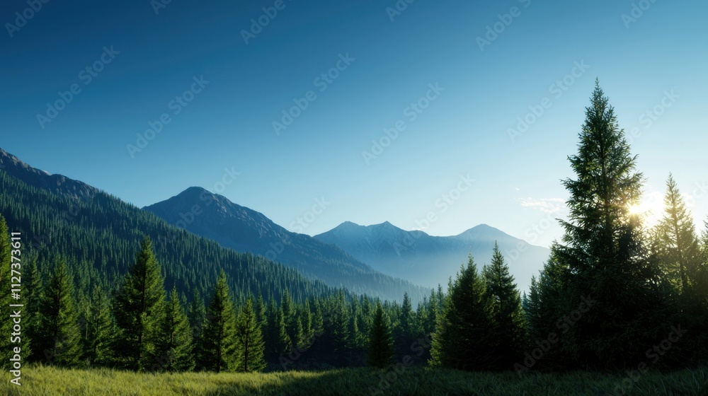 Fototapeta premium A beautiful mountain landscape with a clear blue sky and a few trees