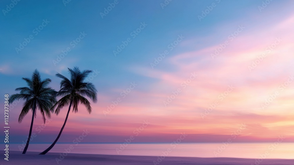 A beautiful sunset over the ocean with two palm trees in the foreground A beautiful sunset over the ocean with two palm trees in the foreground