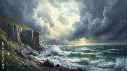 Stormy sea crashing against rocky coastline.